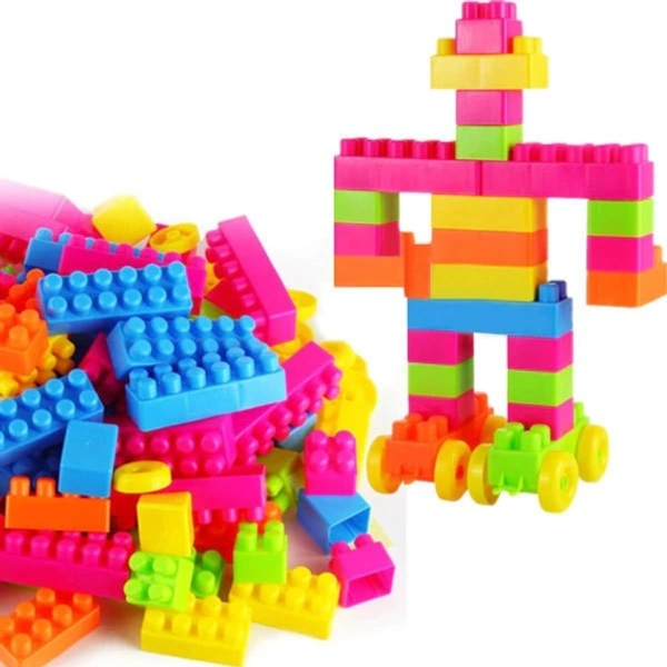 Kids Building Blocks Unbreakable Toy Set - 92 pcs + 8 Tyres, Multicolour